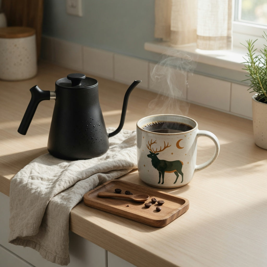 Unique ceramic mug for coffee lovers with an elk and moon design beside a pour-over kettle
