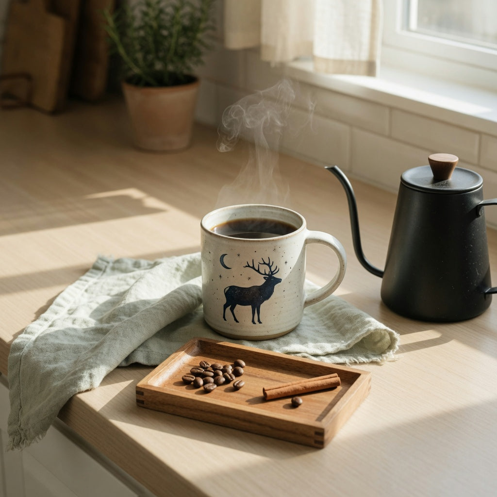 Unique ceramic mug for coffee lovers with an elk and moon design beside a pour-over kettle