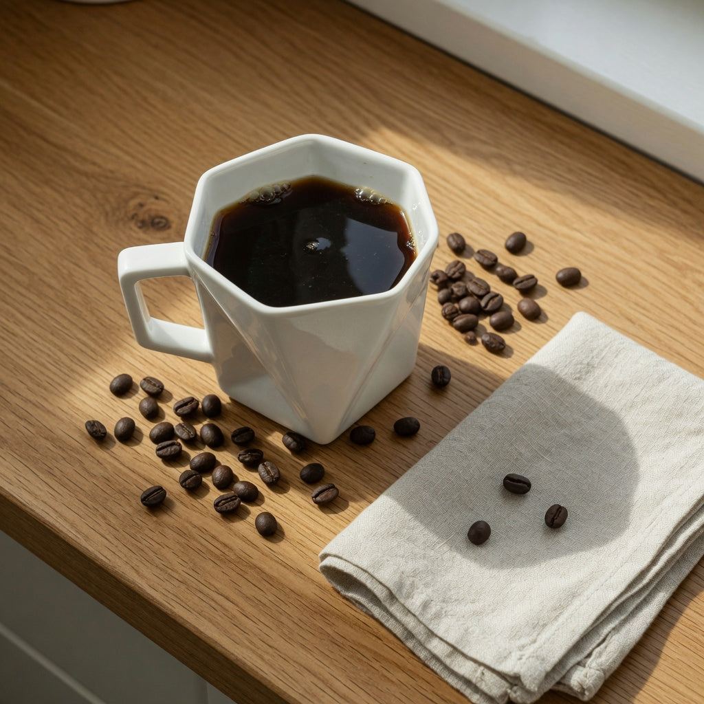 A unique ceramic mug gift for coffee lovers: an angular sculptural mug of black coffee on an oak counter beside roasted coffee beans