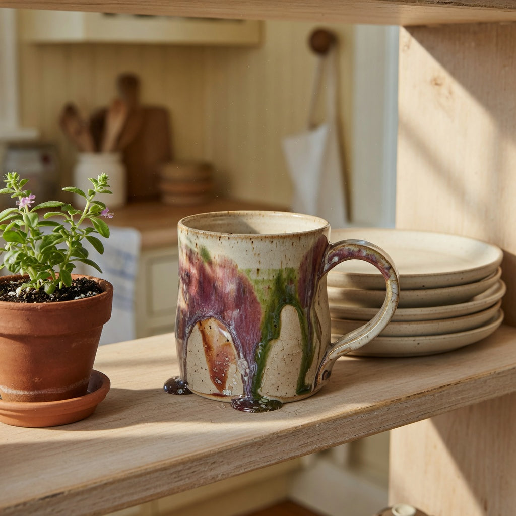 Unique ceramic tea mug home decor with reactive glaze displayed on open kitchen shelving