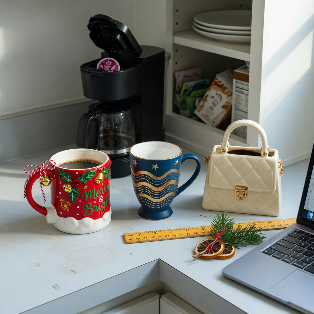 Three mugs illustrating unique christmas coffee mugs buying priorities for capacity, shape, and available counter space