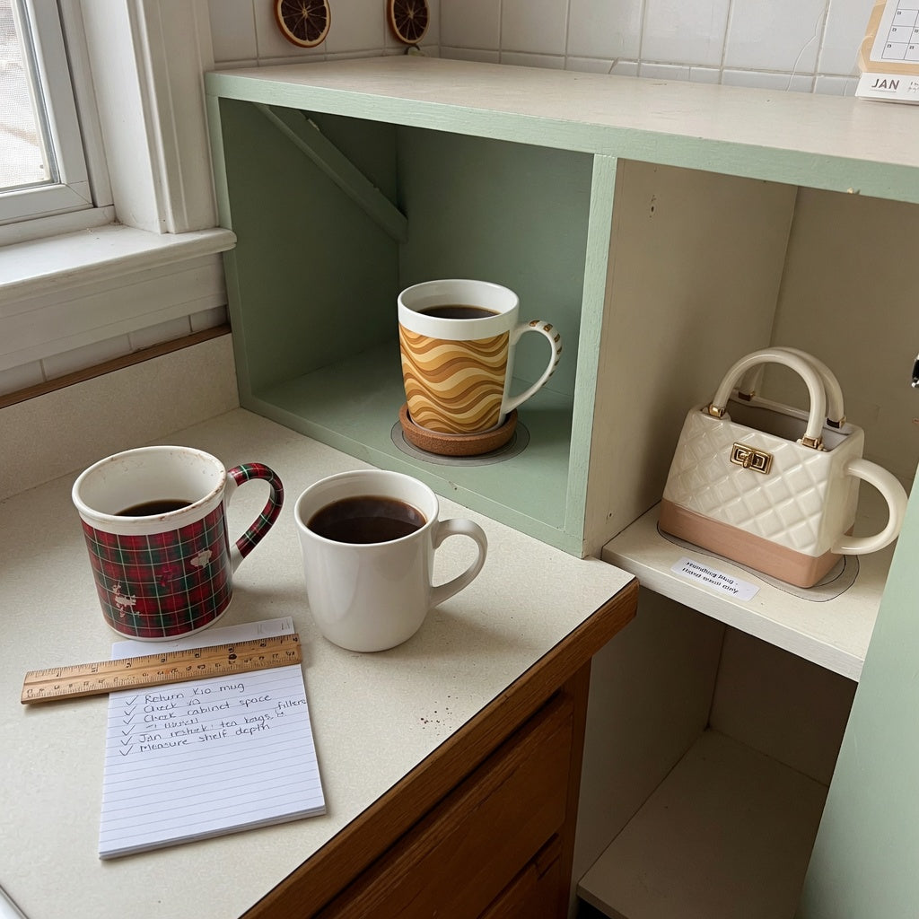 Unique christmas coffee mugs everyday mug rotation practical purchase checklist with festive, wave-pattern, and handbag-style mugs on a kitchen counter