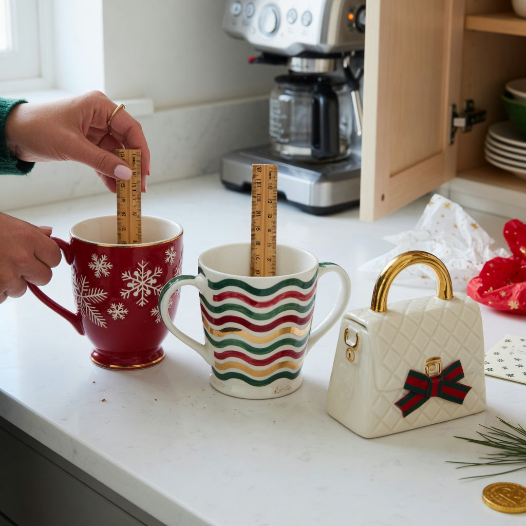 unique christmas coffee mugs first time buyer practical purchase checklist with a shopper checking mug height, handle opening, and base fit