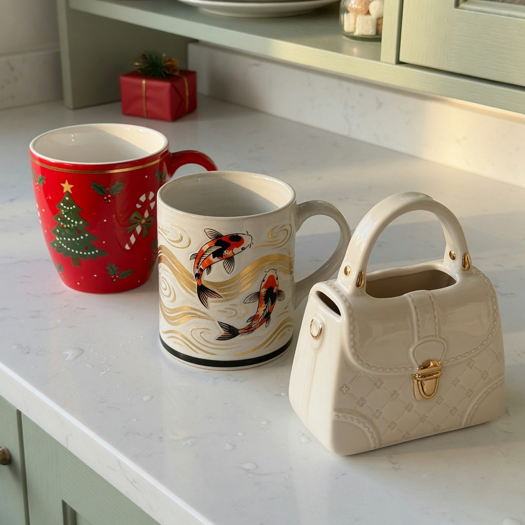 Unique christmas coffee mugs first time buyer product shortlist guide showing a festive mug, golden koi mug, and handbag-shaped mug on a kitchen counter