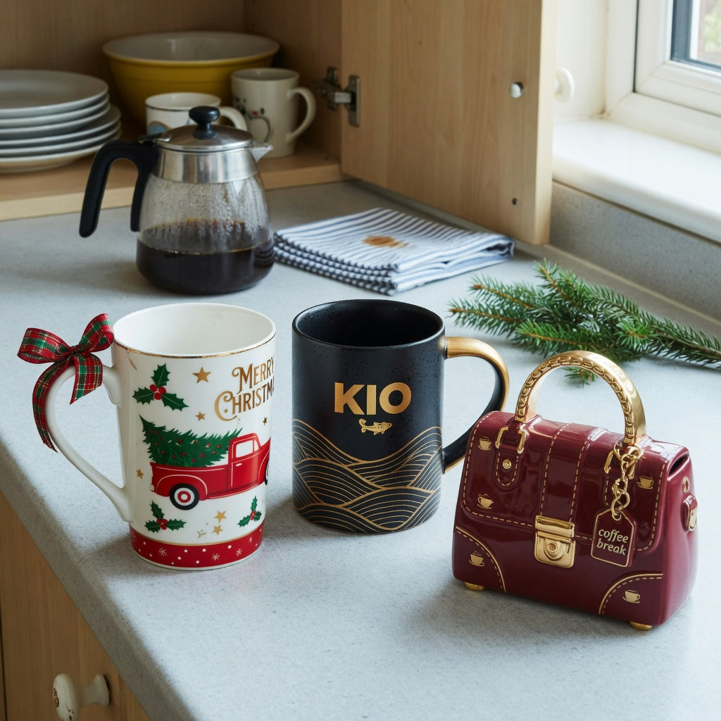 Unique christmas coffee mugs gift choice product shortlist guide showing festive, golden-wave, and handbag-style mugs on a kitchen counter