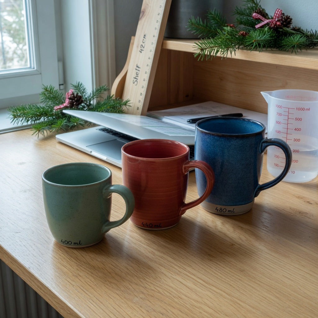 Unique christmas coffee mugs size decision guide with 400 ml, 440 ml and 480 ml ceramic mugs beside a laptop and measuring jug