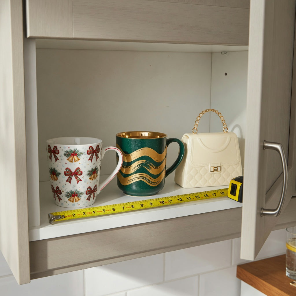 Unique christmas coffee mugs storage fit guide showing festive, golden-wave, and handbag-shaped mugs beside a tape measure on a cabinet shelf
