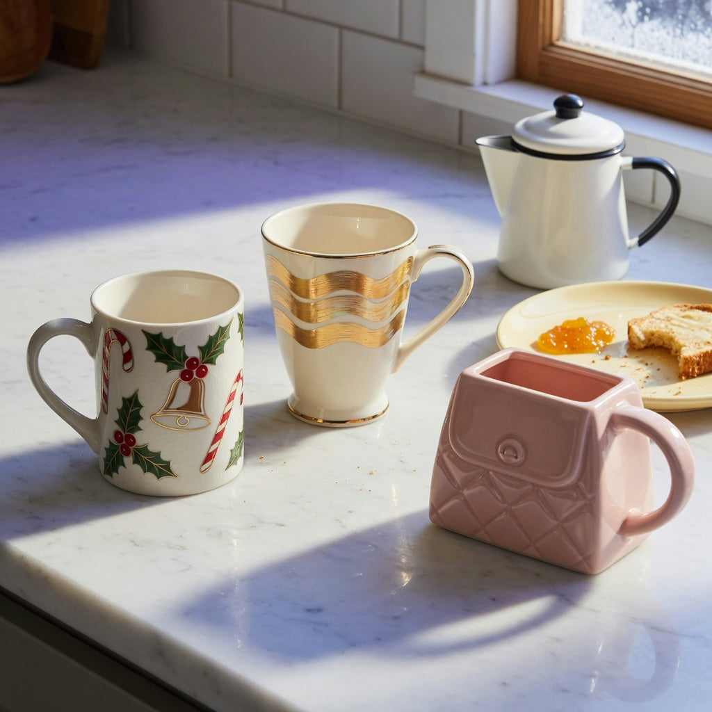 unique christmas coffee mugs weekend coffee product shortlist guide with festive, golden-wave, and handbag-shaped mugs on a Saturday breakfast counter