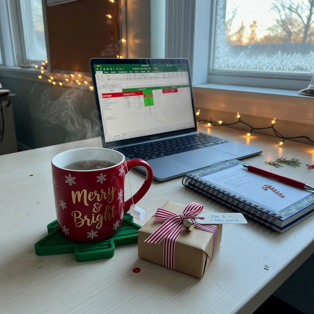 Festive ceramic mug on an office desk beside a laptop and wrapped gift, an example of unique christmas mugs for office gifts.