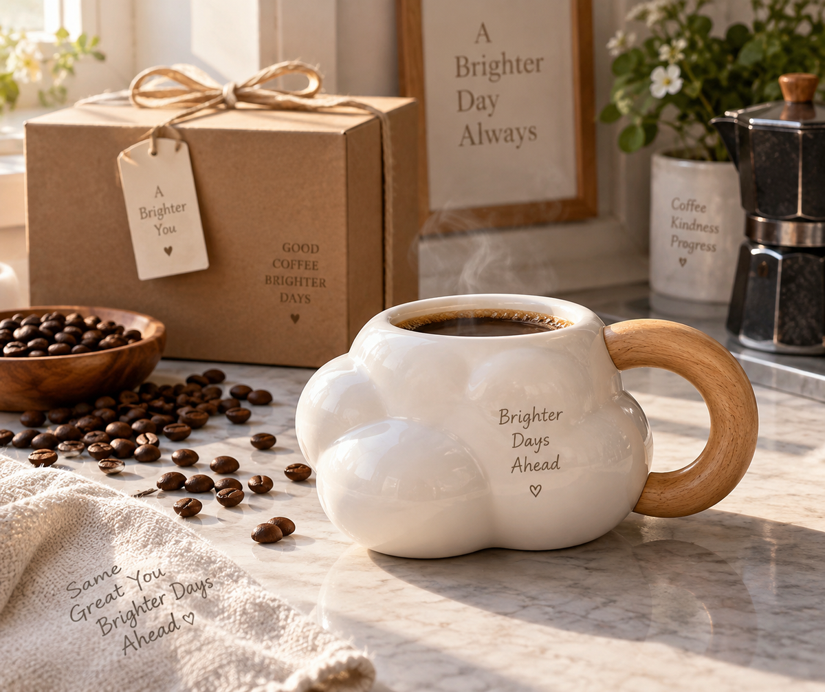 unique cloud coffee mug gift with wooden handle in daily use