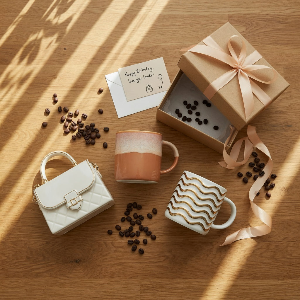 Unique coffee mug birthday gift ideas styled on a kitchen counter: a handbag-shaped mug, a gradient glaze mug, and a golden wave mug beside coffee beans and a birthday card