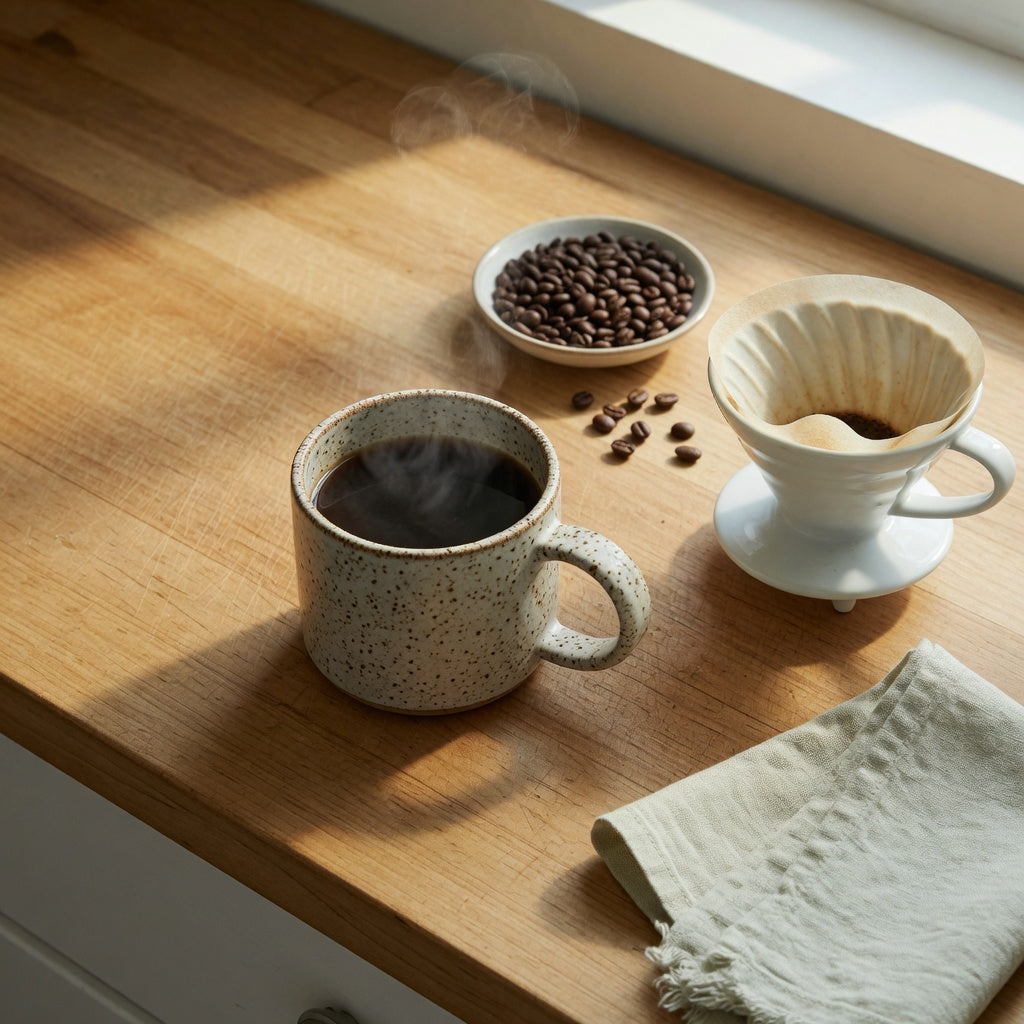 Unique coffee mug for coffee lovers on a kitchen counter beside a pour-over dripper and coffee beans