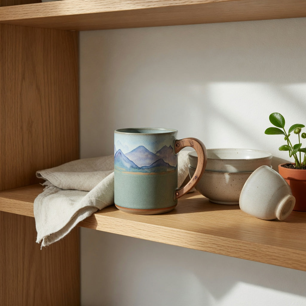 A unique coffee mug for home decor with a wooden handle on a sunlit open kitchen shelf