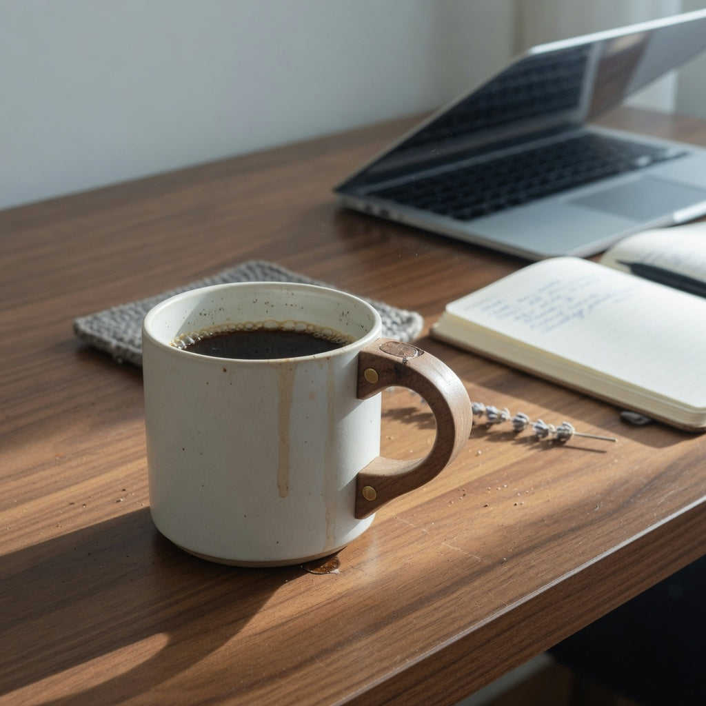 A unique coffee mug for home office use, with a wooden handle, on a wood desk beside a laptop