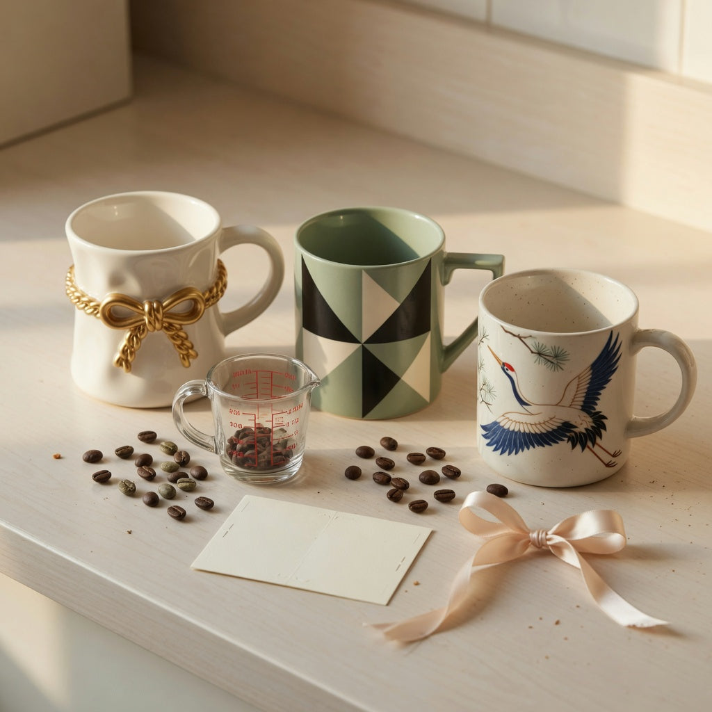 Unique coffee mug gift ideas compared on a kitchen counter by size, handle shape, and decorative style