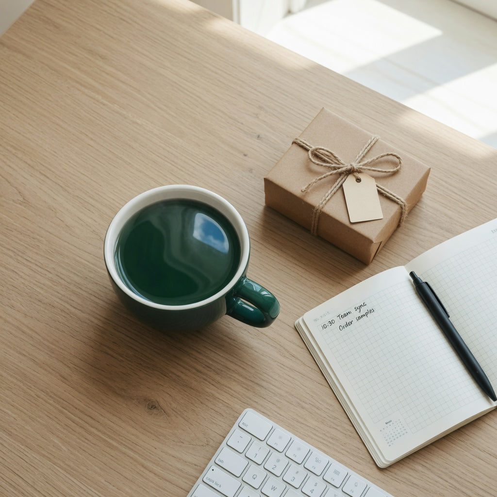 Round coffee mug beside a gift box on an office desk — one of the unique coffee mug gifts for office coworkers compared in this guide.