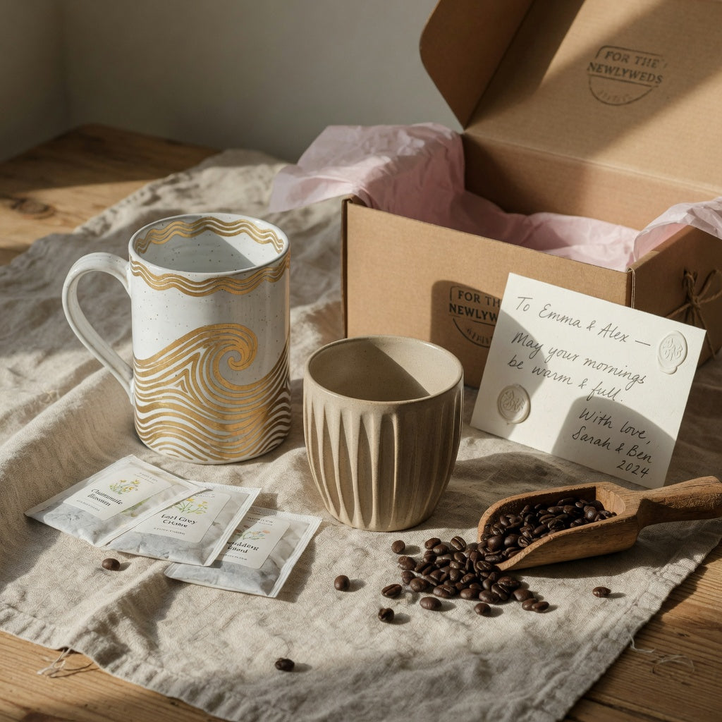Two artisan mugs styled as unique coffee mug wedding gift ideas beside coffee beans, a gift box, and a handwritten wedding card.