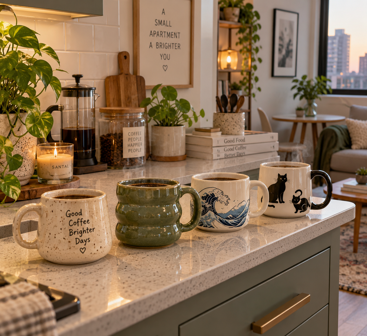 Unique coffee mugs apartment kitchen gifts on a compact kitchen counter