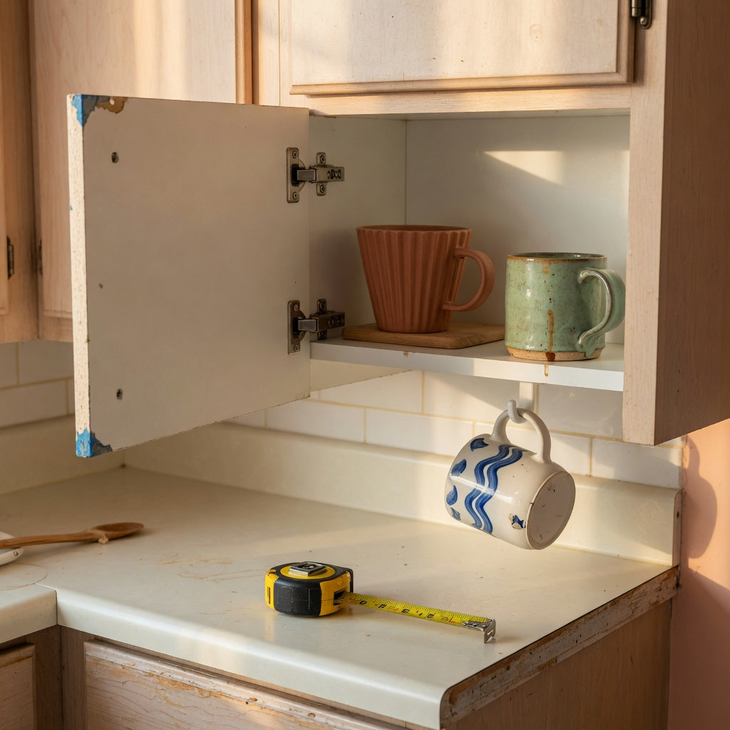 Unique coffee mugs for apartment kitchen storage on a compact shelf and renter-friendly hook