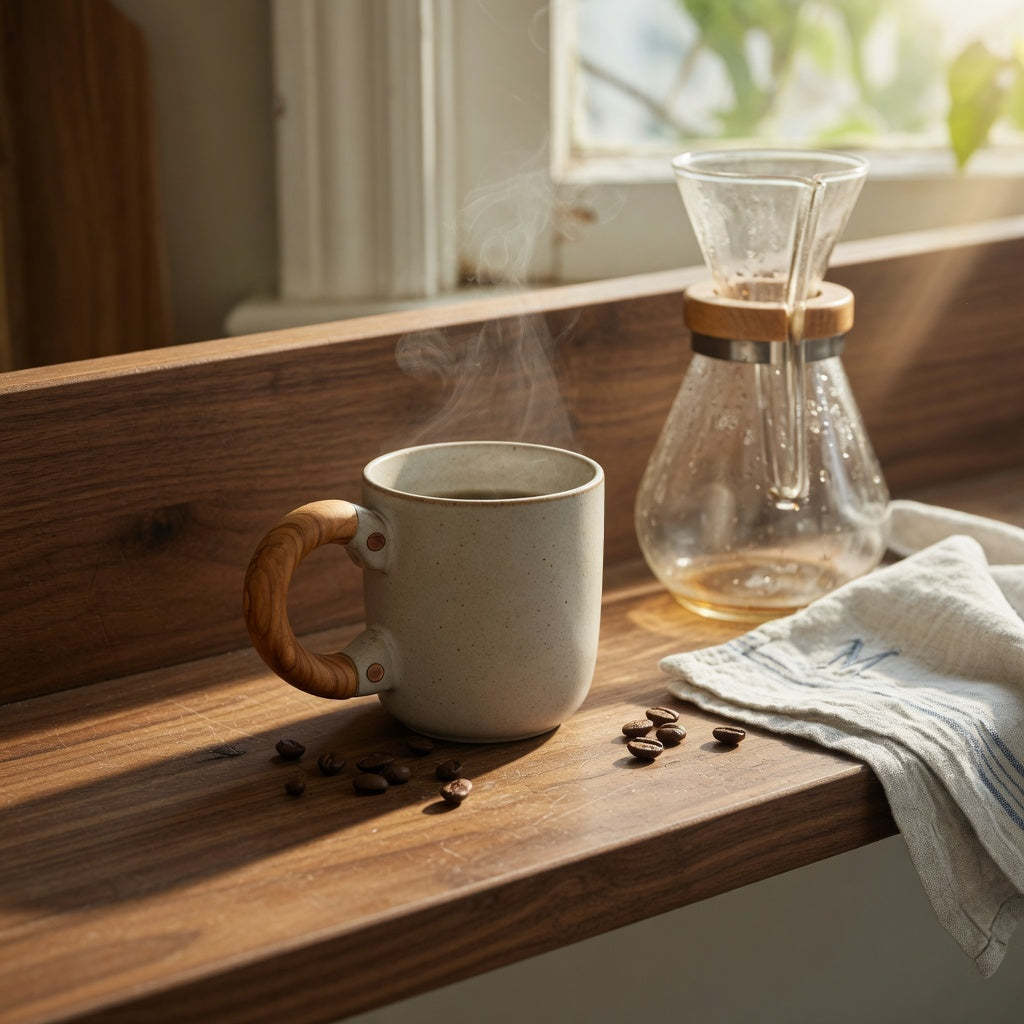 Unique coffee mugs for coffee lovers wooden handle design on a kitchen shelf beside a pour-over carafe
