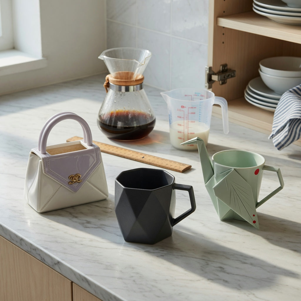 Unique coffee mugs for gifts buying priorities comparison featuring Handbag, Rhombus, and Crane designs beside a ruler and coffee carafe