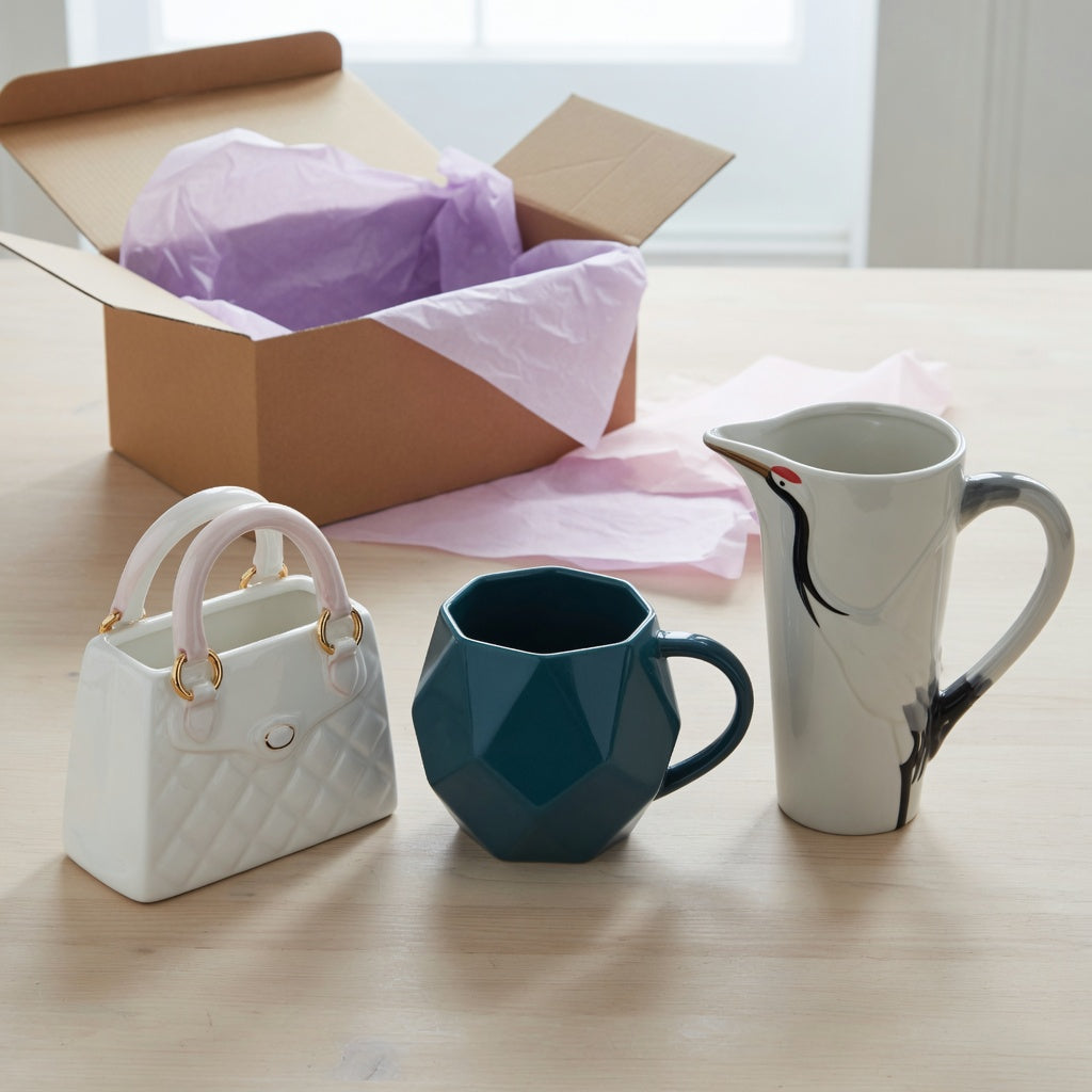 Unique coffee mugs for gifts current product facts comparison showing Handbag, Rhombus, and Crane mug shapes side by side