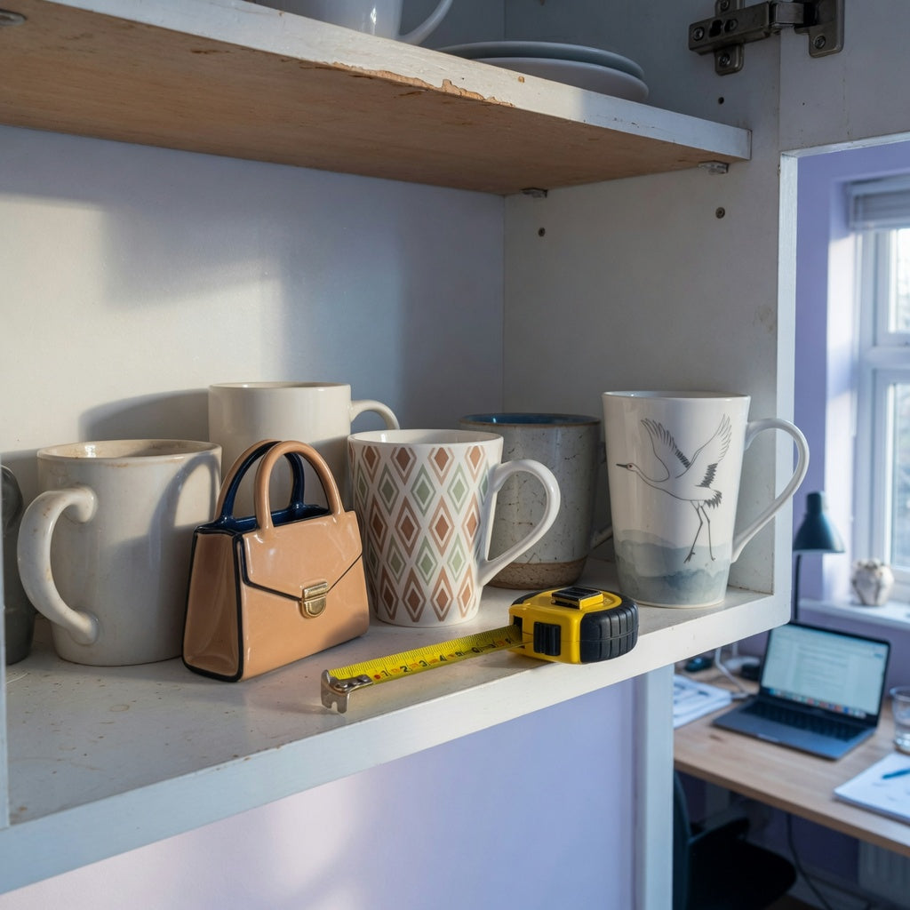 Open kitchen shelf for the unique coffee mugs for gifts everyday mug rotation product shortlist guide, featuring Handbag, Rhombus, and Crane mug designs