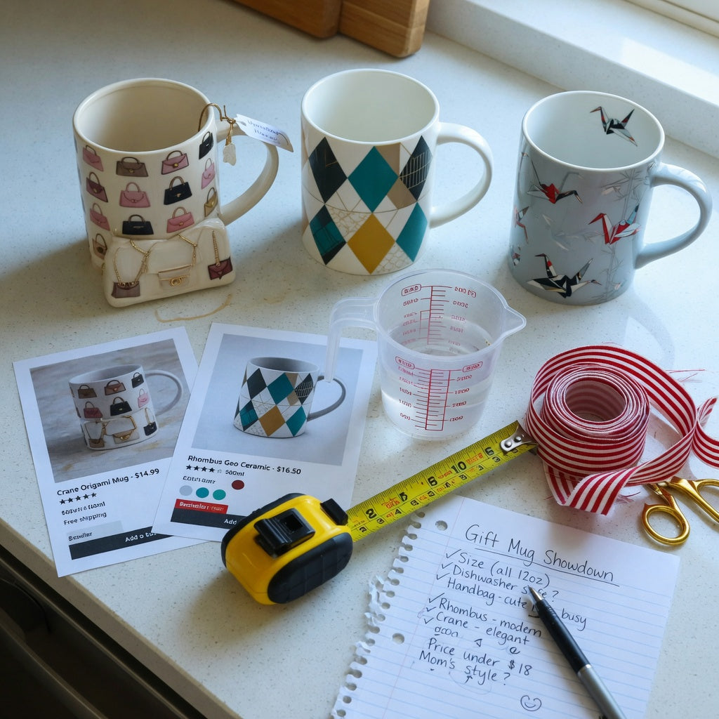 Unique coffee mugs for gifts first time buyer practical purchase checklist comparing Handbag, Rhombus, and Crane mug designs