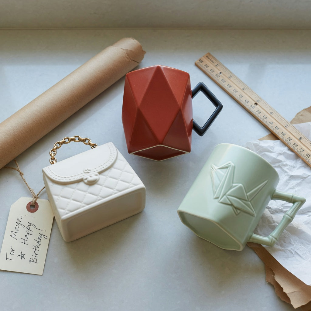 unique coffee mugs for gifts first time buyer product shortlist guide showing Handbag, Rhombus and Crane designs prepared for comparison