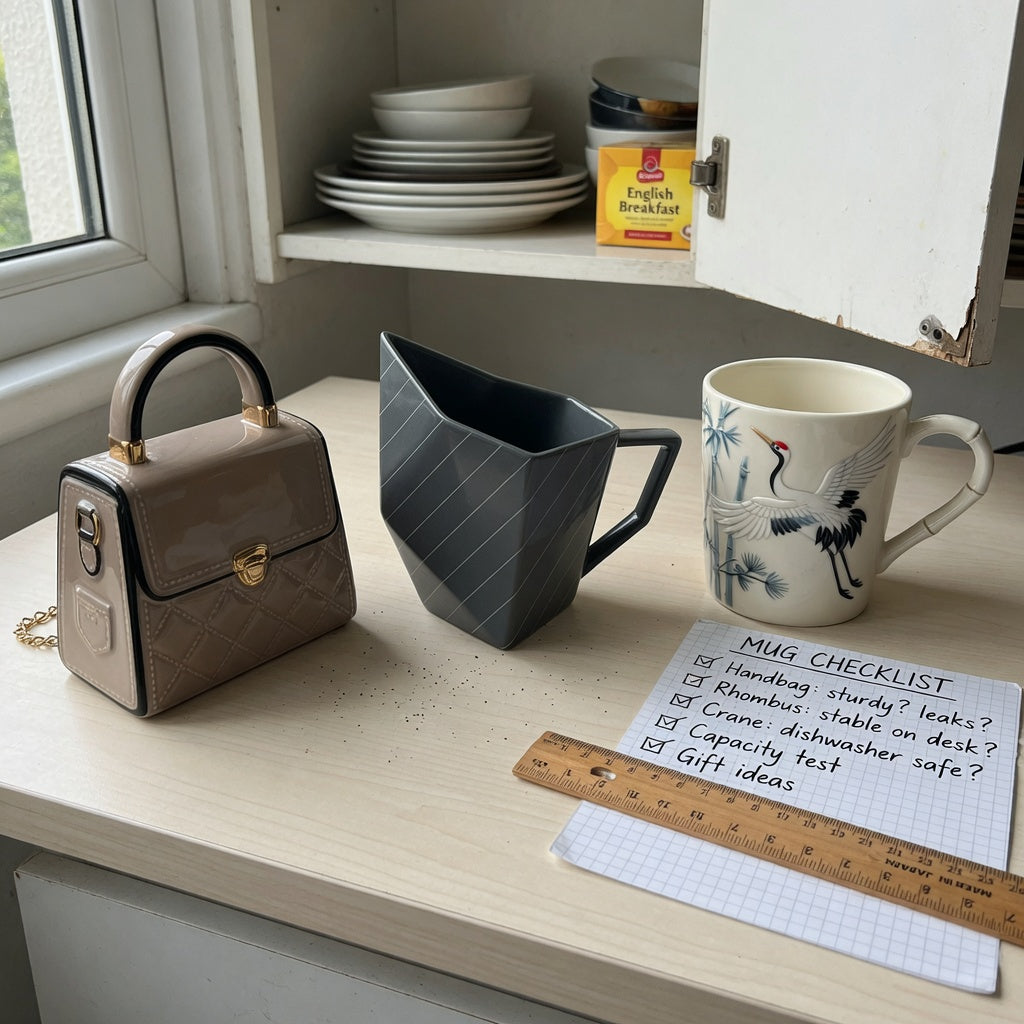 unique coffee mugs for gifts gift choice practical purchase checklist with Handbag, Rhombus, and Crane mug designs on a kitchen counter
