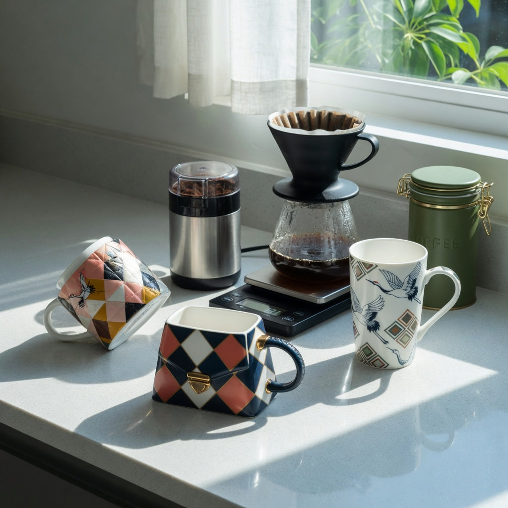 Unique coffee mugs for gifts home coffee station practical purchase checklist with handbag, rhombus, and crane designs on a compact counter