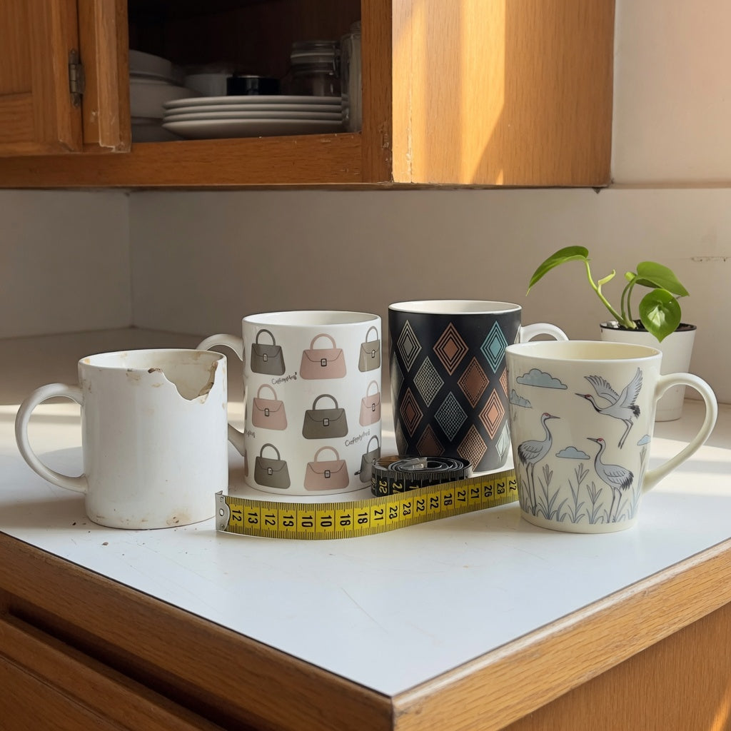 Comparison scene for the unique coffee mugs for gifts replacement purchase product shortlist guide, showing Handbag, Rhombus, and Crane designs beside a chipped mug