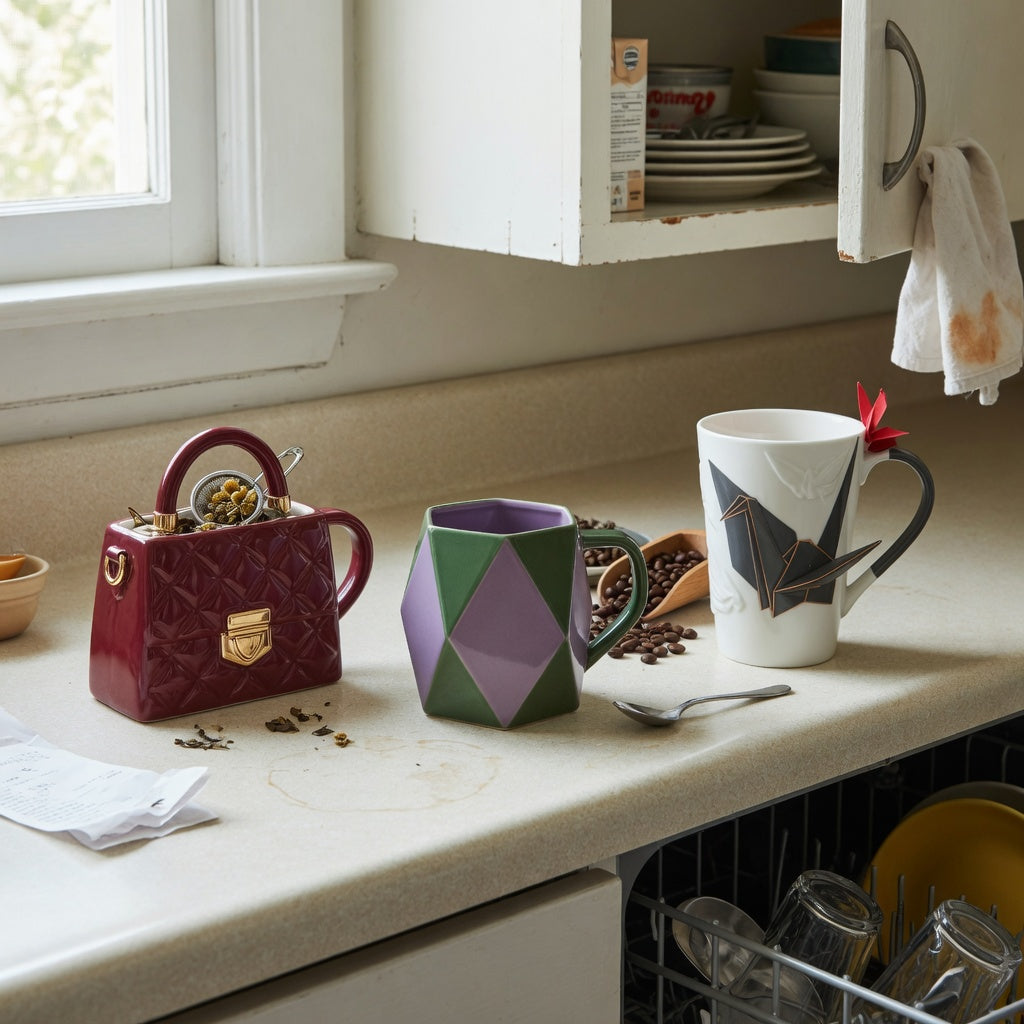 unique coffee mugs for gifts shared household product shortlist guide showing Handbag, Rhombus, and The Crane mugs on a shared kitchen counter