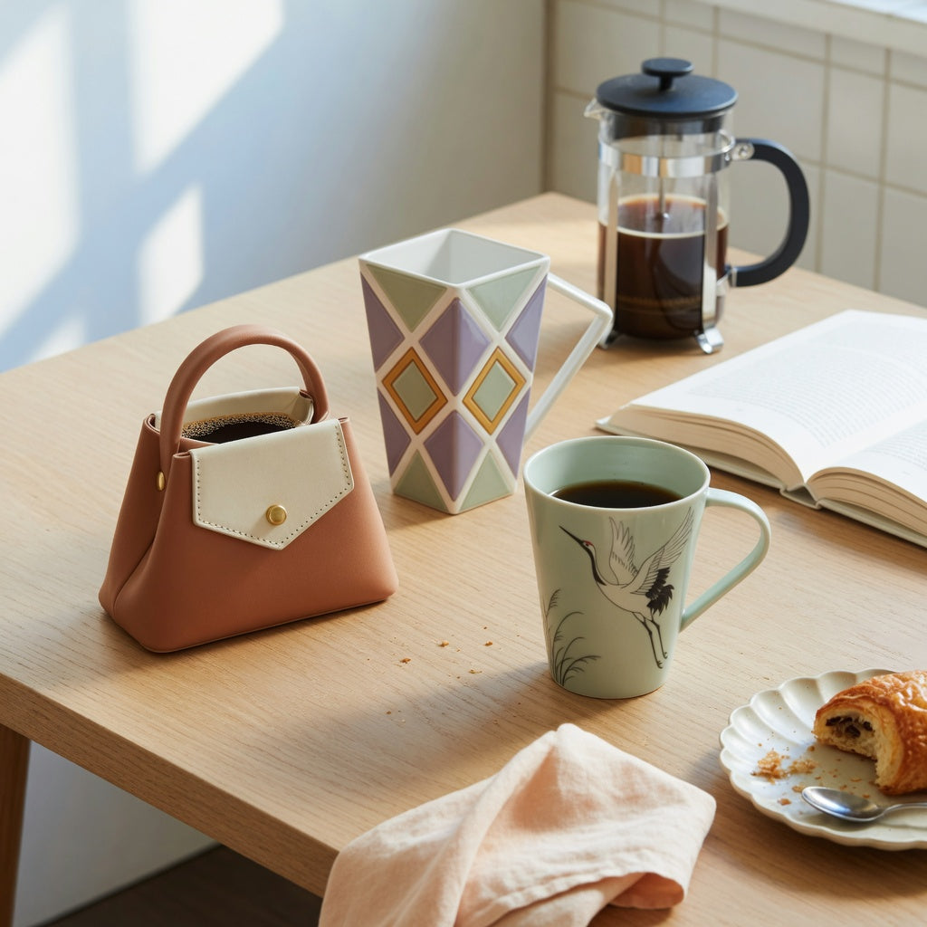 unique coffee mugs for gifts weekend coffee product shortlist guide showing Handbag, Rhombus, and Crane mug styles on a weekend table