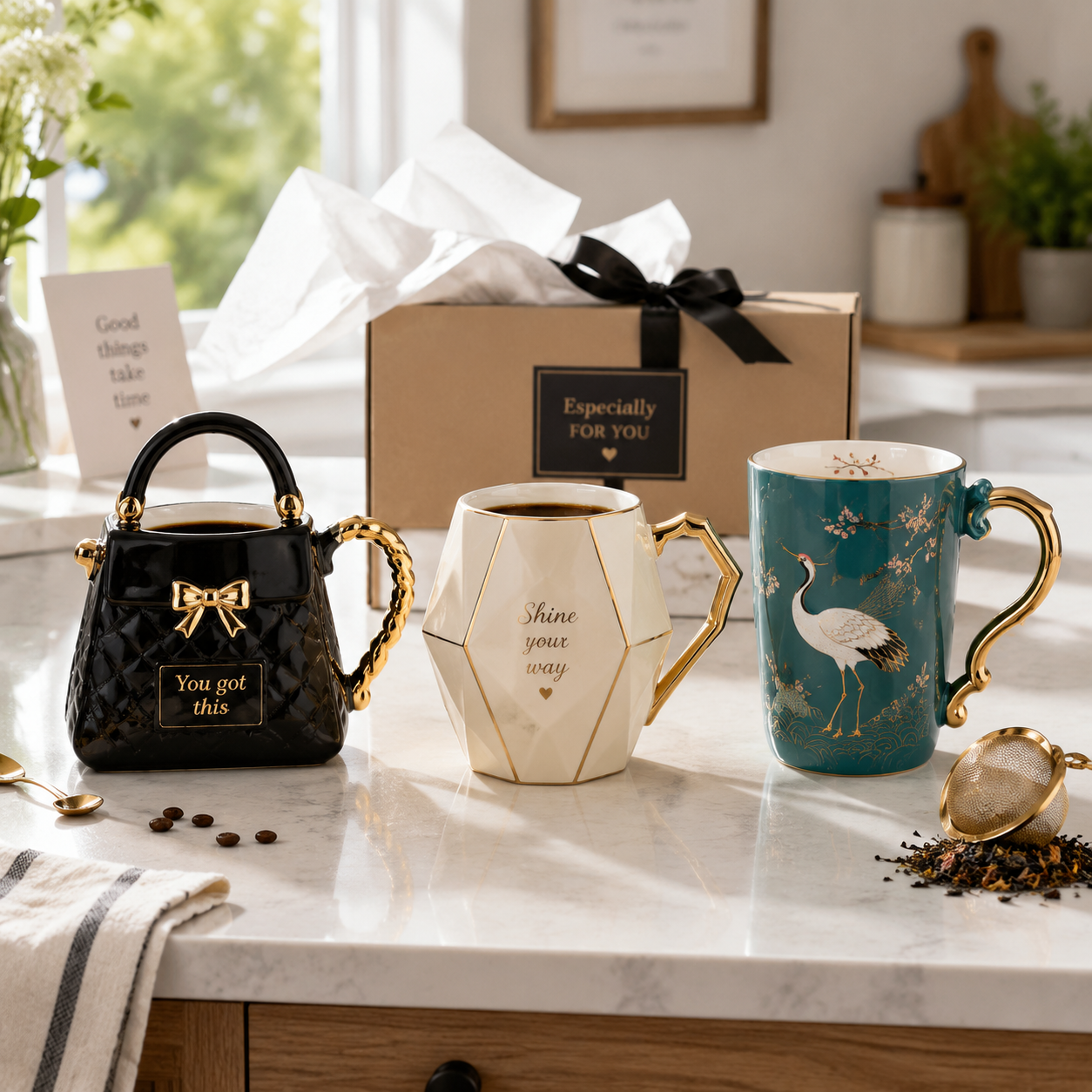 Unique coffee mugs for gifts displayed with a gift box on a bright kitchen counter