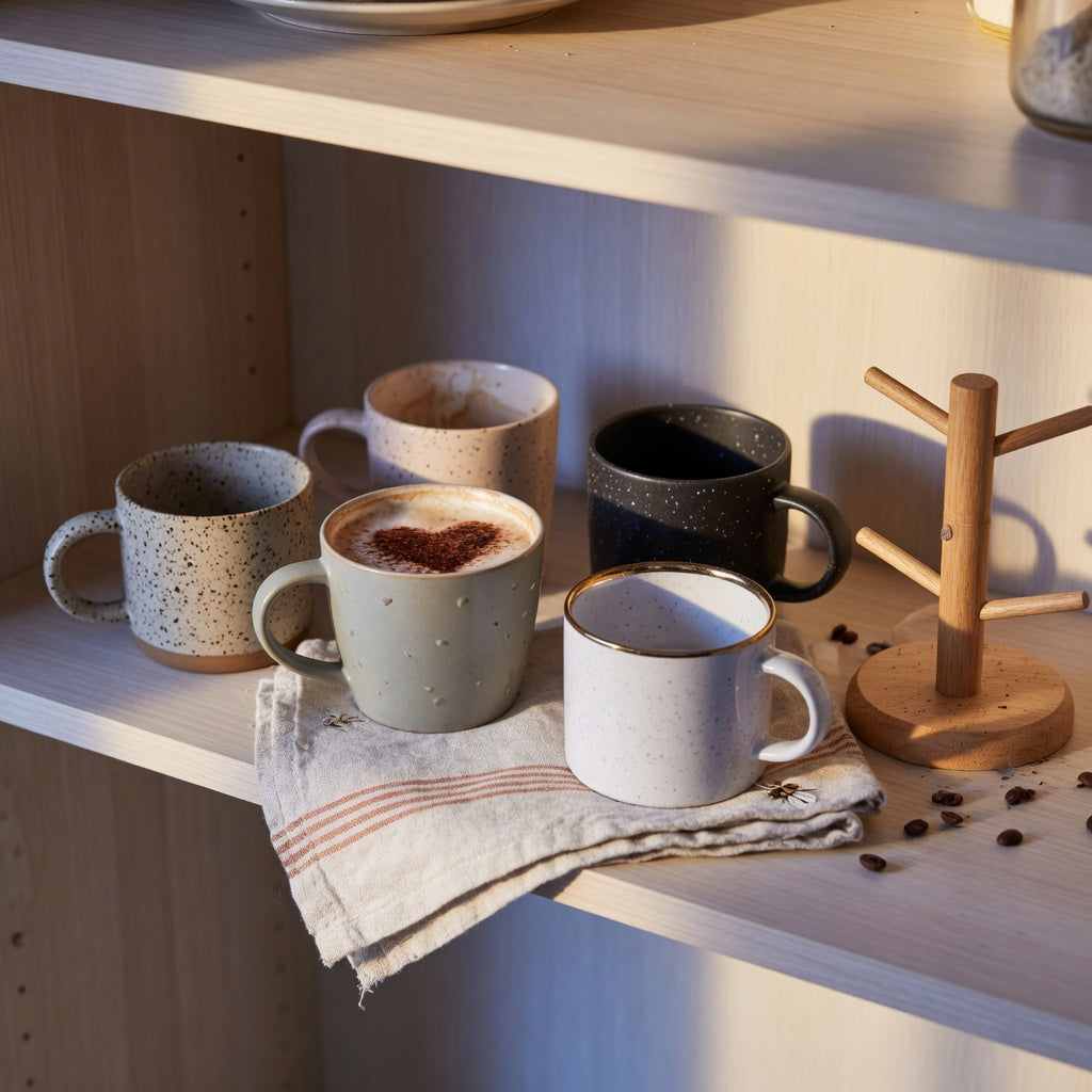 Five unique coffee mugs for home decor enthusiasts styled on an open kitchen shelf with a latte, a mug tree, and folded linen.