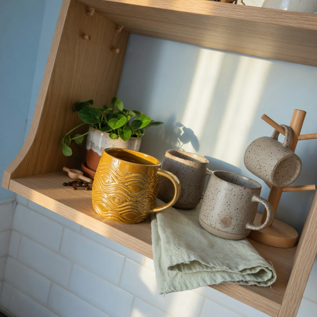 Golden wave ceramic mug styled on open kitchen shelving among unique coffee mugs for home decor lovers