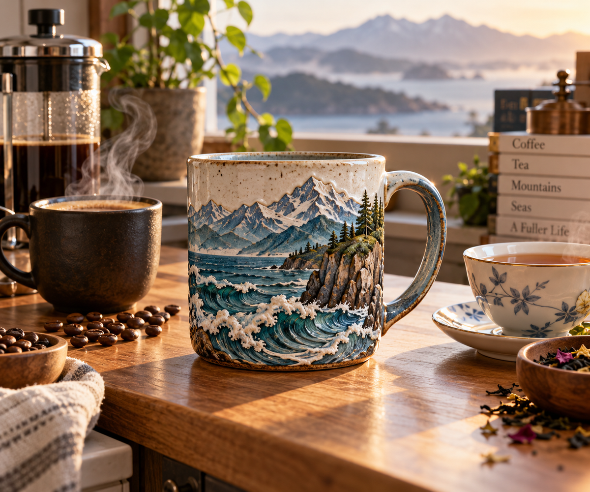 Unique coffee tea mugs for enthusiasts with mountain sea theme perfect for coffee and tea lovers
