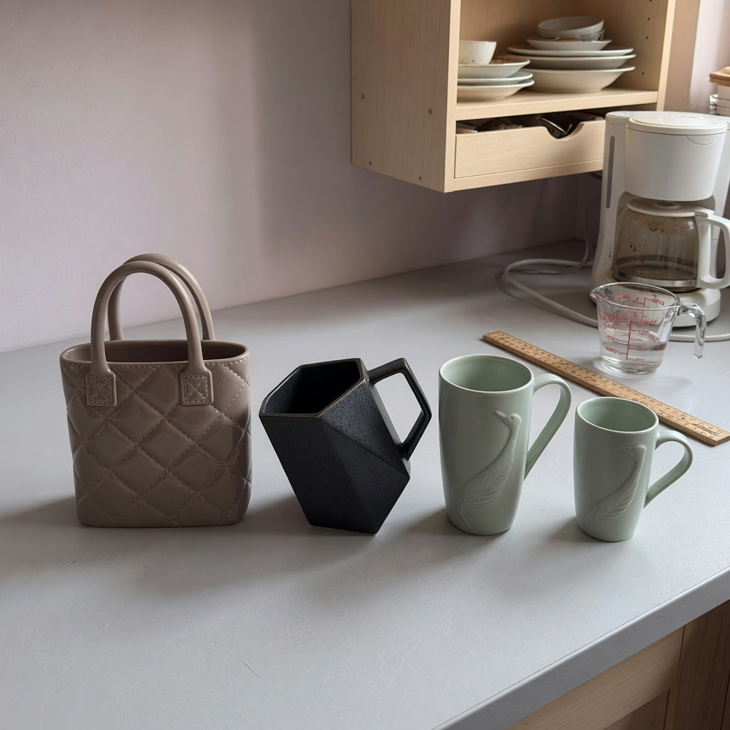 Comparison scene showing unique design coffee mugs buying priorities through handbag, rhombus, and crane shapes beside measuring tools