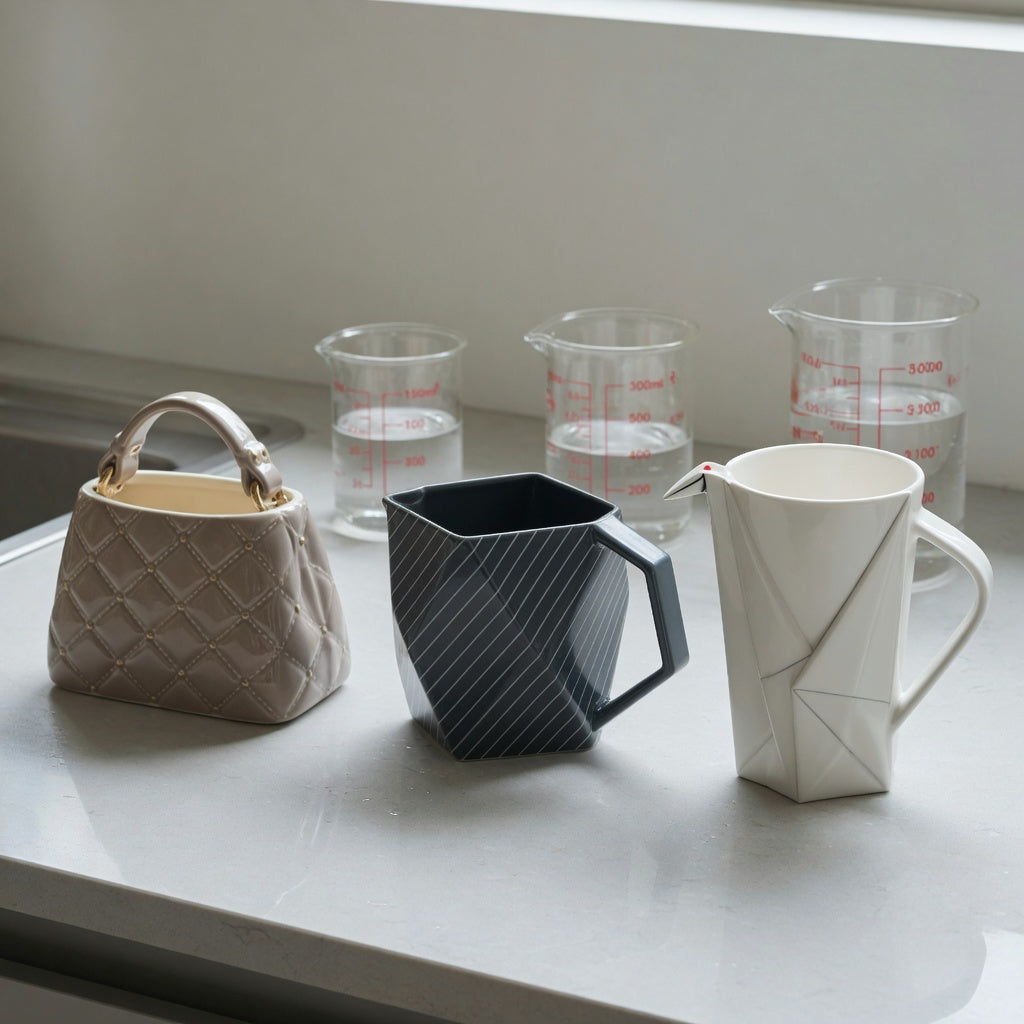 Unique design coffee mugs current product facts comparison showing Handbag, Rhombus, and Crane mug styles