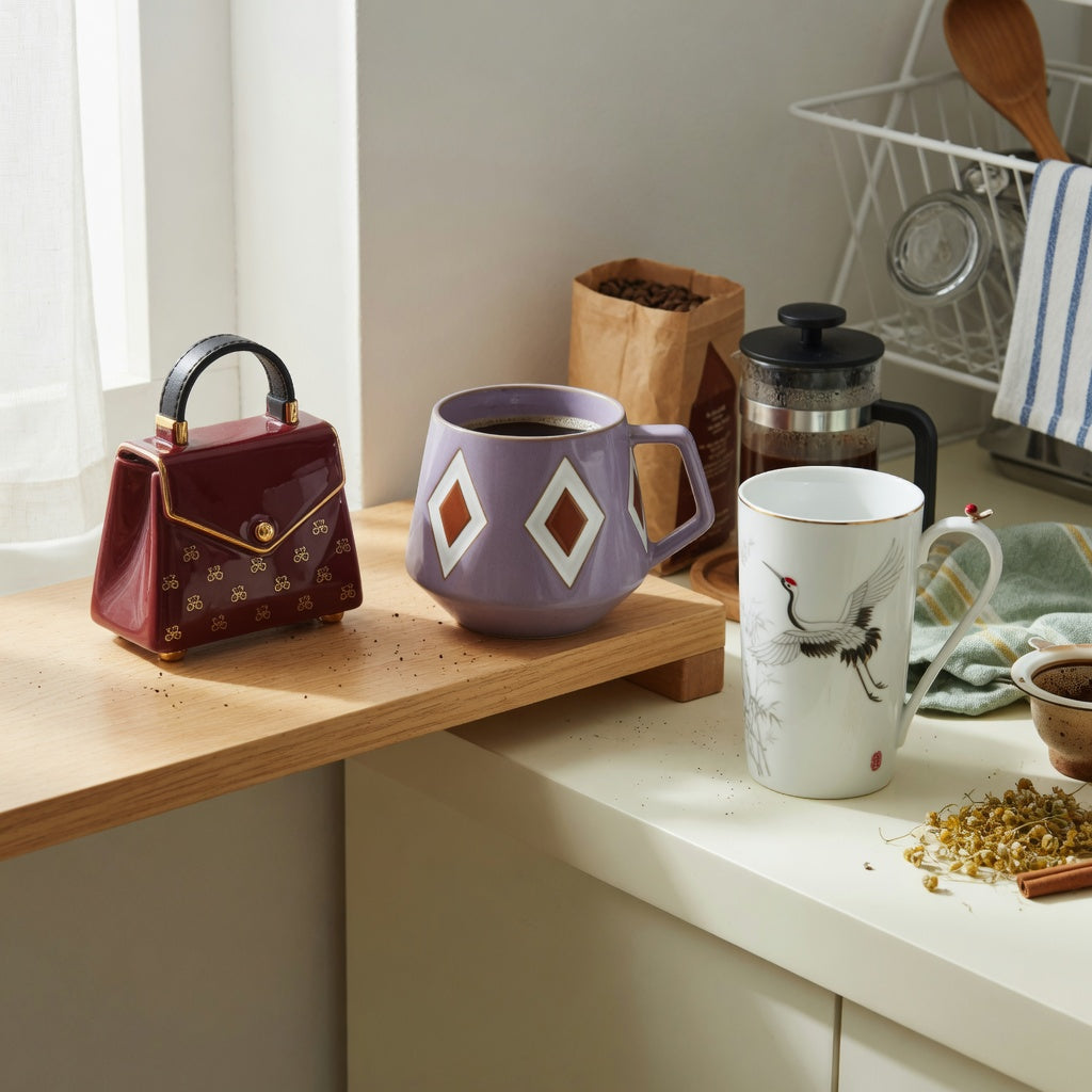 unique design coffee mugs everyday mug rotation product shortlist guide featuring the Handbag, Rhombus, and Crane Coffee Tea Mugs in a kitchen