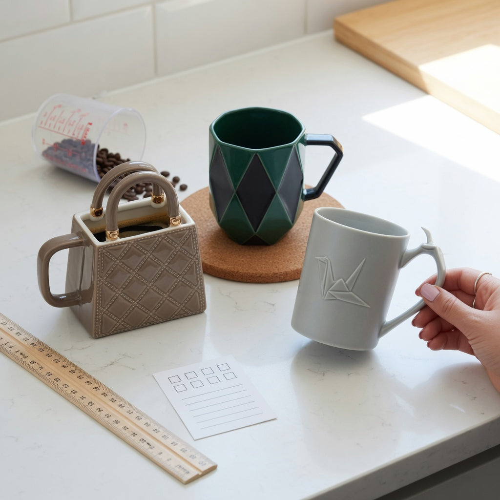 Unique design coffee mugs first time buyer practical purchase checklist with handbag, rhombus, and crane mug styles beside a ruler and coaster