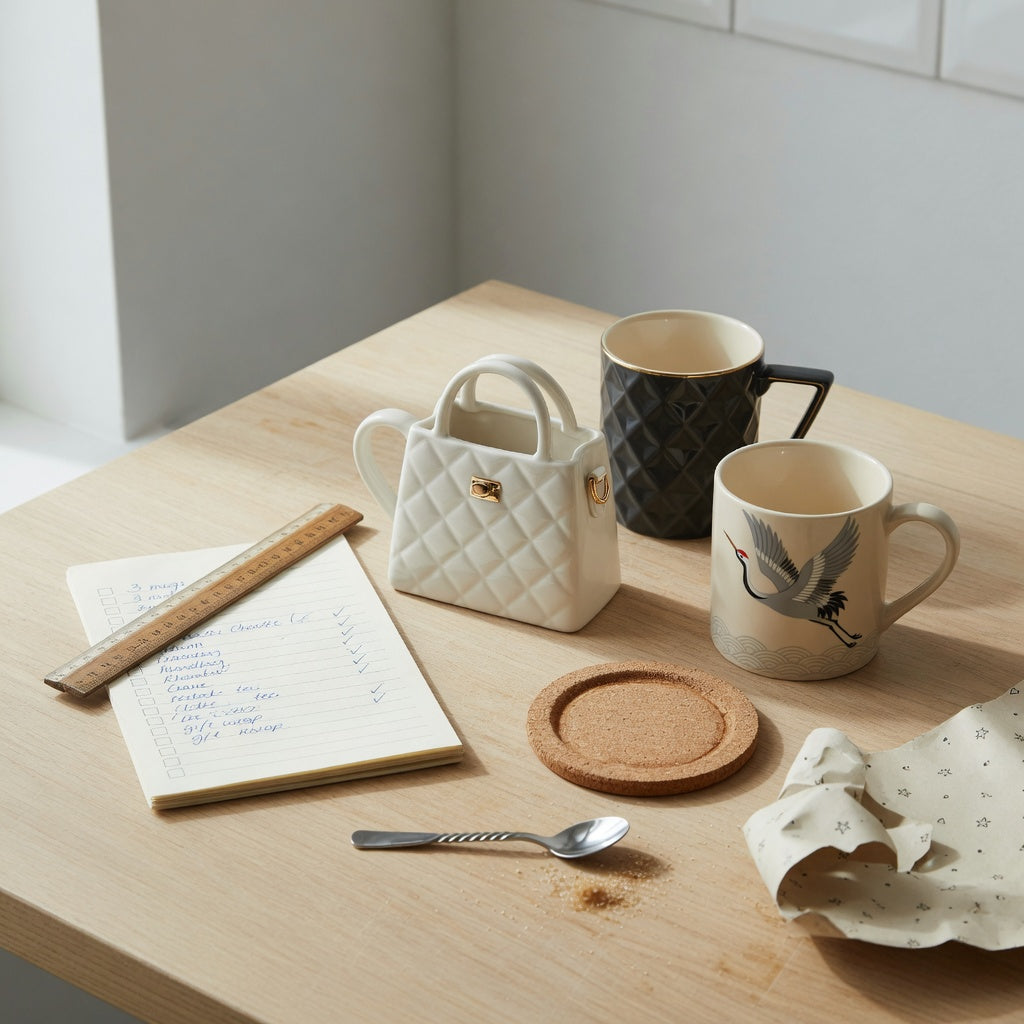 Unique design coffee mugs gift choice practical purchase checklist beside Handbag, Rhombus, and Crane mug options