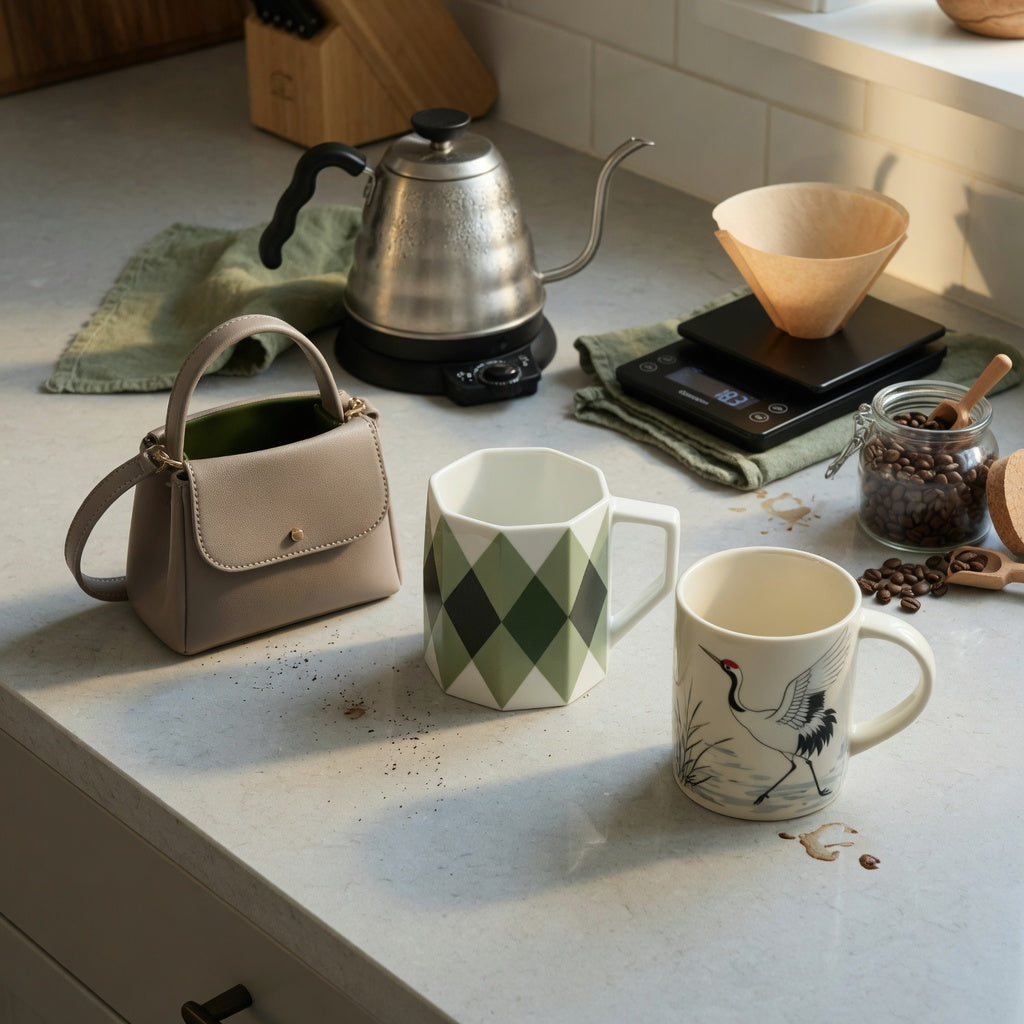 unique design coffee mugs home coffee station product shortlist guide showing handbag, rhombus, and crane mugs on a kitchen counter