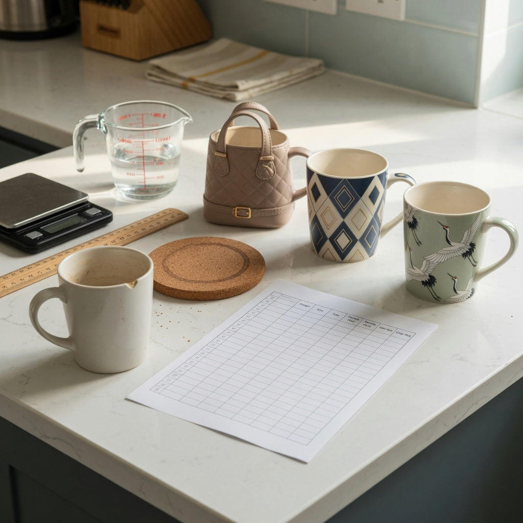 Unique design coffee mugs replacement purchase practical purchase checklist beside a chipped mug, measuring tools, and three themed options