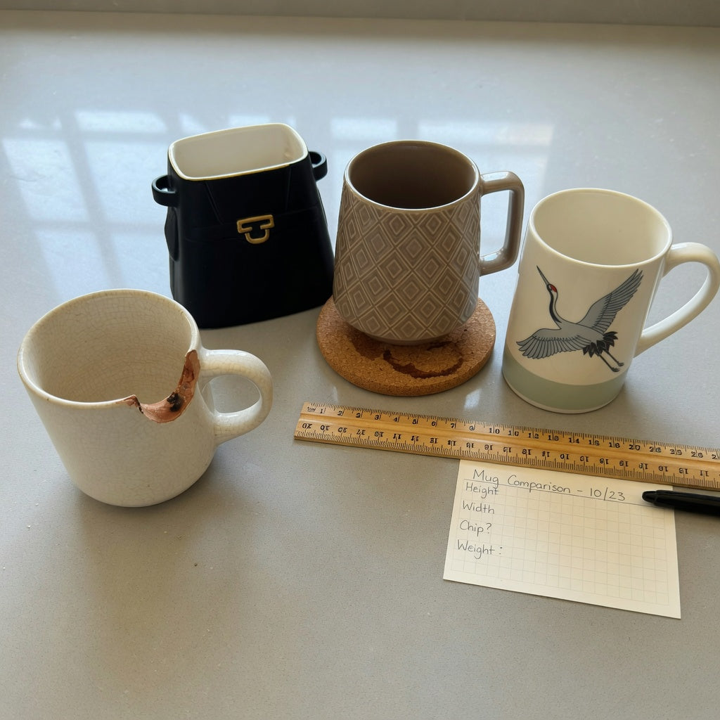 unique design coffee mugs replacement purchase product shortlist guide with Handbag, Rhombus, and Crane mugs beside a retired chipped mug