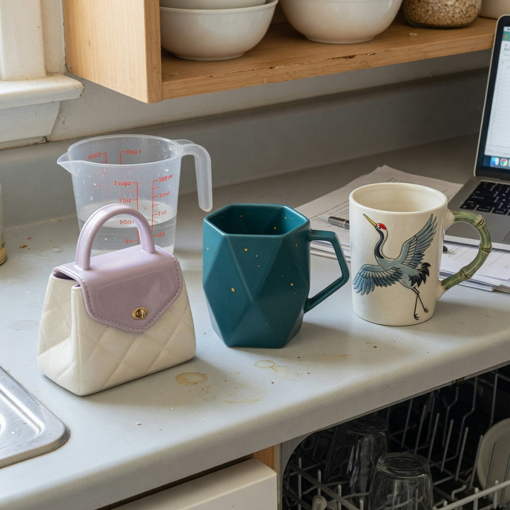 Unique design coffee mugs size decision guide comparing 400 ml Handbag, 440 ml Rhombus, and 480 ml Crane mugs