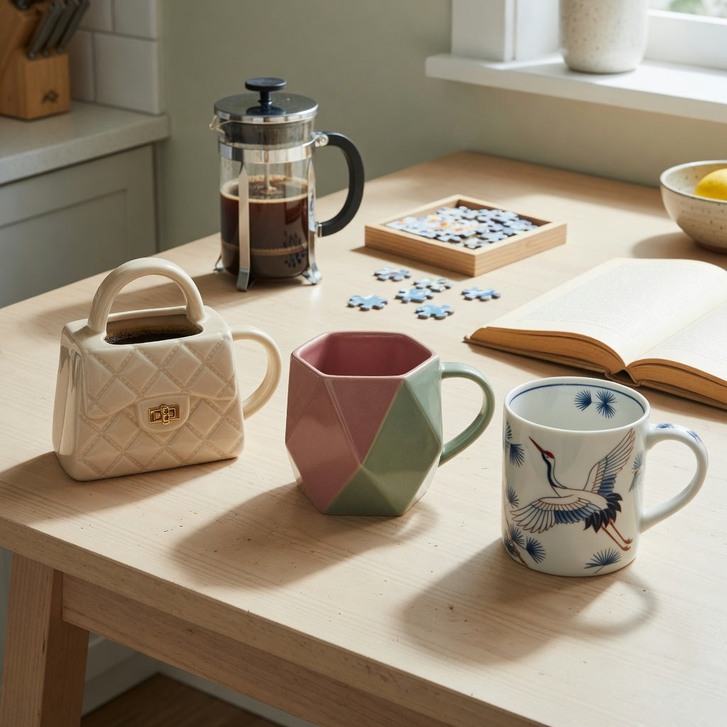 Unique design coffee mugs weekend coffee product shortlist guide showing Handbag, Rhombus, and Crane styles on a Saturday coffee table