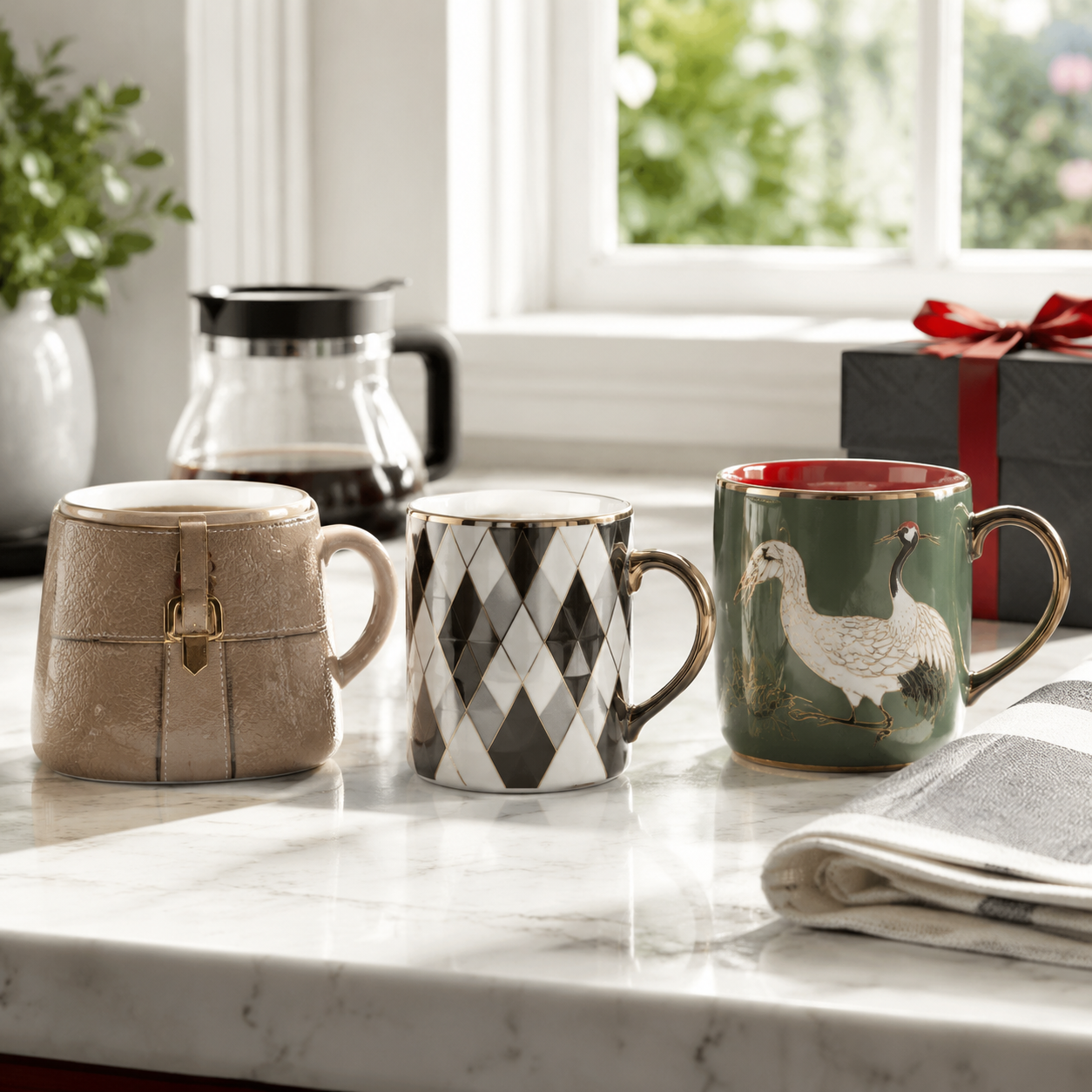 Eclectic coffee mugs with retro, ball handle, and pleated design directions