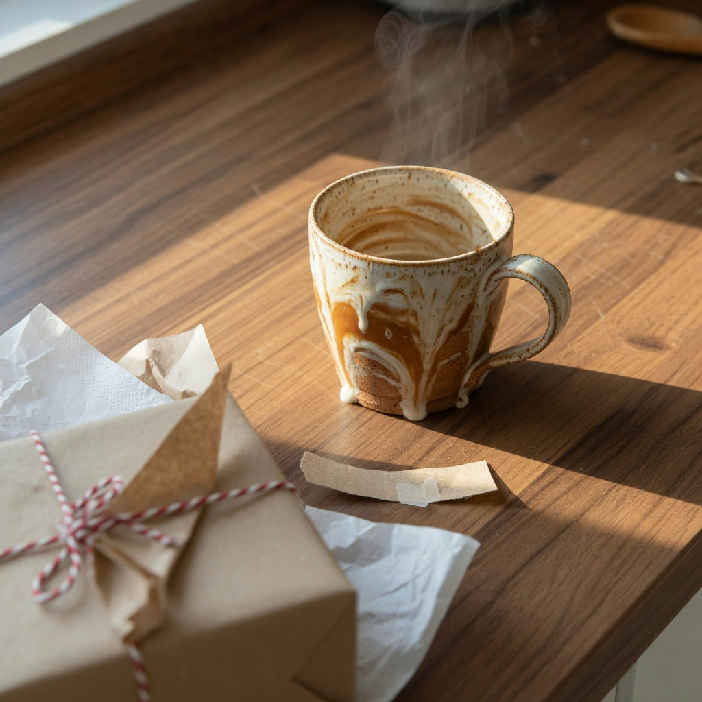 Unique flow mug gift for coffee lovers — handmade marbled ceramic mug beside a wrapped gift box on a kitchen counter